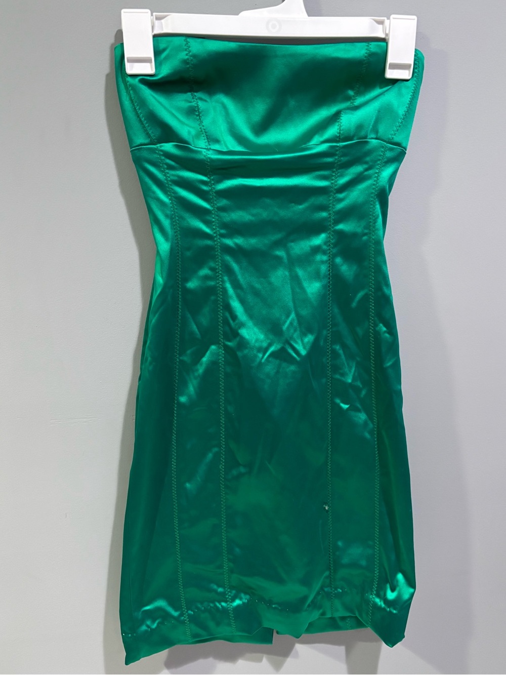 bebe Strapless Satin Dress in Vibrant Green